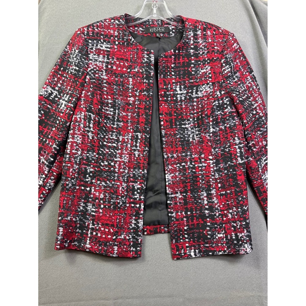 Kasper Women's Red Black White Abstract Print Open Front Blazer Jacket Size 10